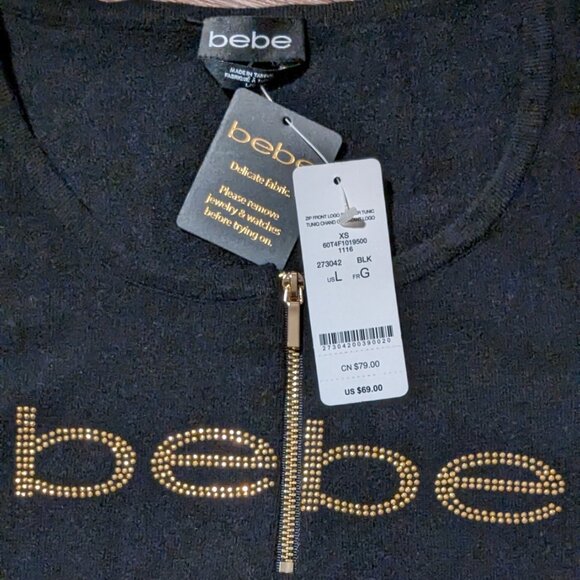BeBe Zip Front Logo Sweater Tunic- NWT - size Large - Picture 3 of 4
